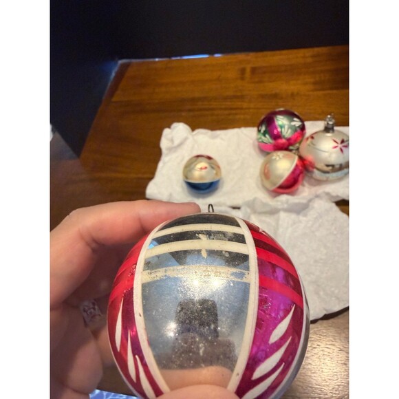 9 Vtg Mid Century Christmas Ornaments Hand Painted Mica Stripes Teardrop Ball Lo - Picture 12 of 16